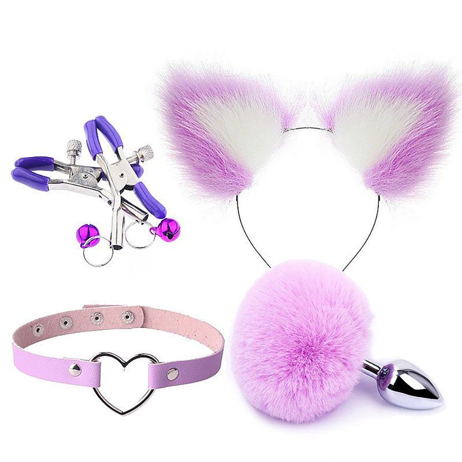 Kit de tapón anal con cola de conejo, diadema para orejas, pinzas para pezones y gargantilla