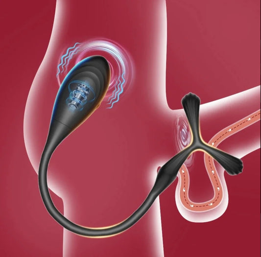 Estimulador de próstata con anillo para el pene mediante aplicación que se maneja desde cualquier parte del mundo