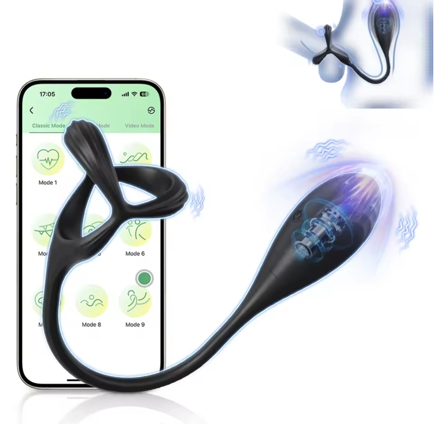 Estimulador de próstata con anillo para el pene mediante aplicación que se maneja desde cualquier parte del mundo